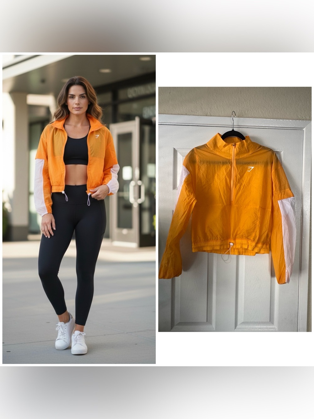 Gymshark Orange and White Cropped Windbreaker Jacket, Medium